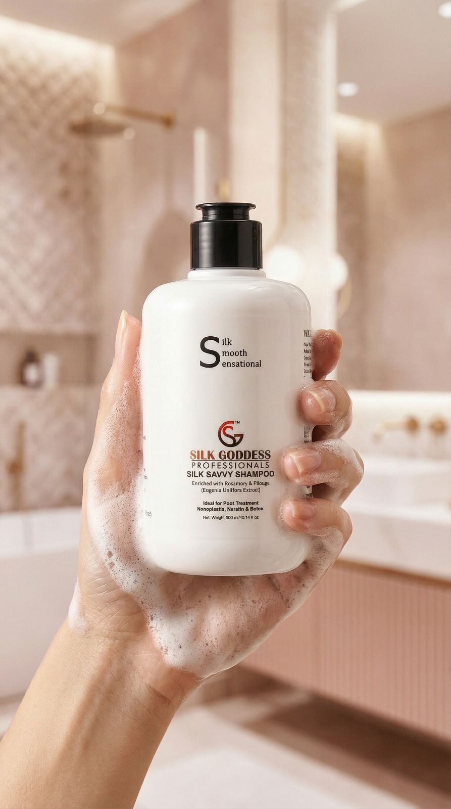 Hand holding Silk Savvy Shampoo with lather